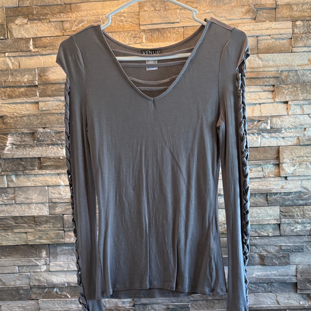 VENUS Charcoal Long Sleeve Top with Lace-Up Detail